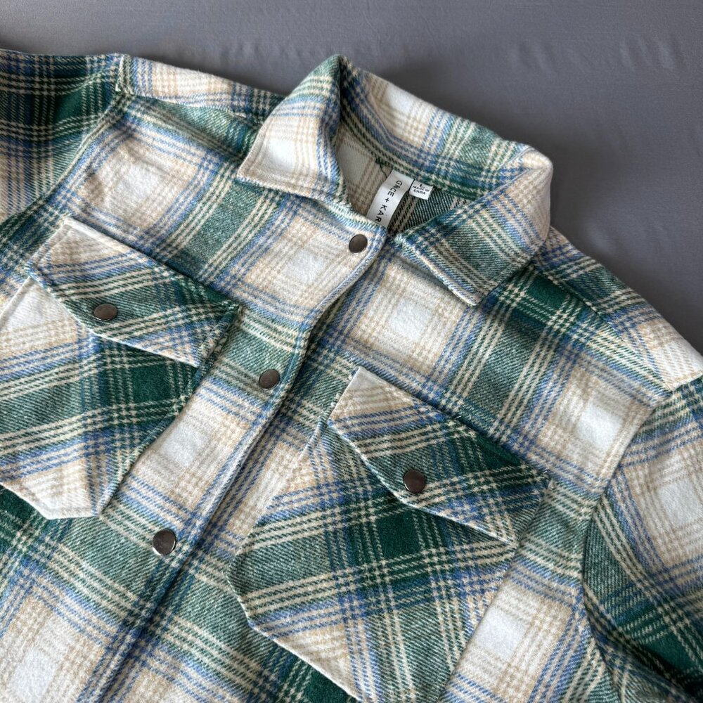Grace + Karma Long Flannel Shacket Green Blue Cream Tan Plaid Cozy Autumn Large
